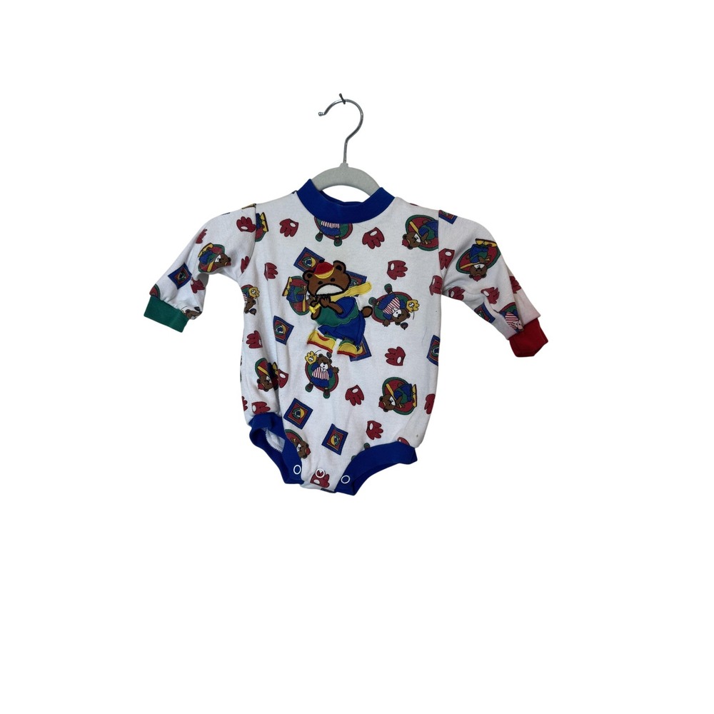 Vintage Sears Romper Baby Boys 0-6 Months White Bear Baseball Knit One Piece